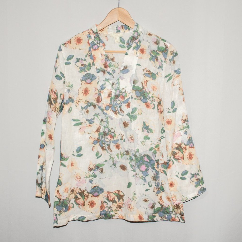 St. Tropez West Floral Linen Tunic Blouse